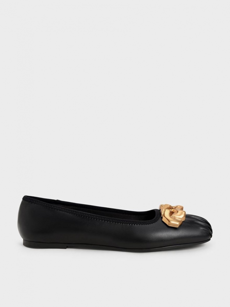 Charles & Keith Ruched Square-Kappe Chunky Chain-Link Ballerinas Schwarz | 780XMNOKL