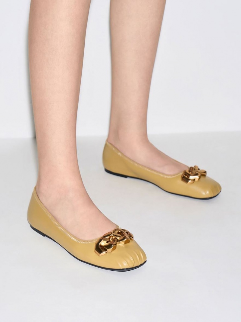 Charles & Keith Ruched Square-Kappe Chunky Chain-Link Ballerinas Senfgelb | 827USJPXI