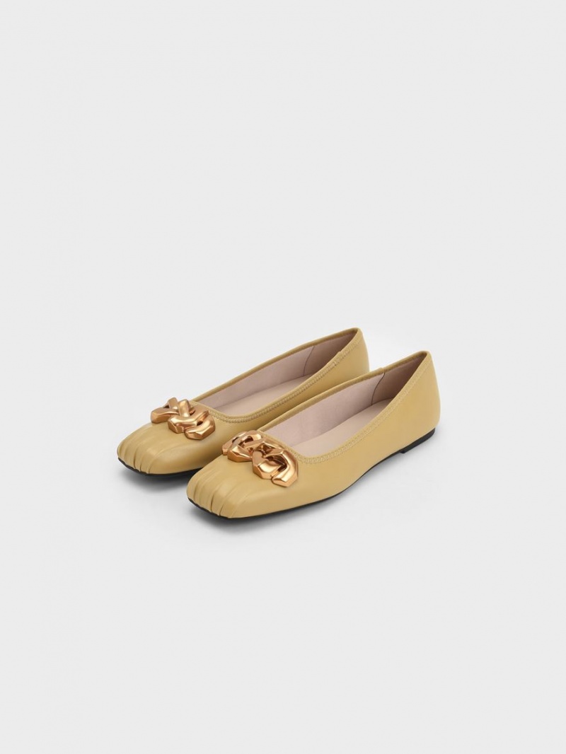 Charles & Keith Ruched Square-Kappe Chunky Chain-Link Ballerinas Senfgelb | 827USJPXI