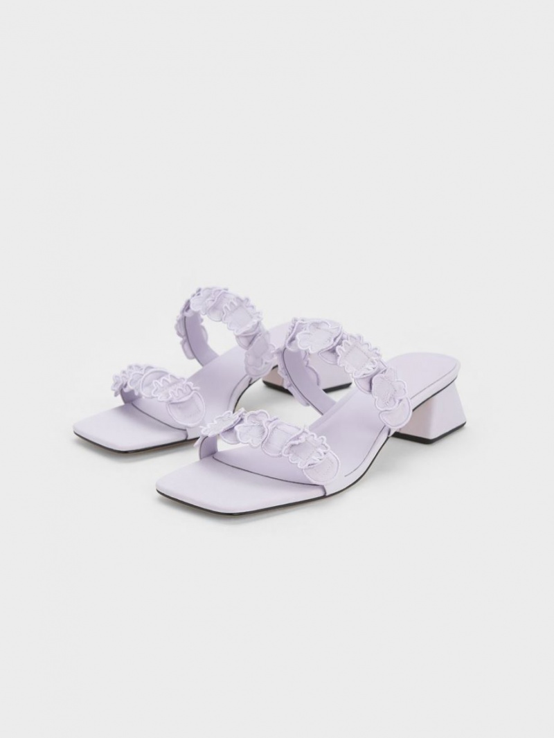 Charles & Keith Ruffled Baumwoll Absatz Mules Lila | 093OBXWKJ