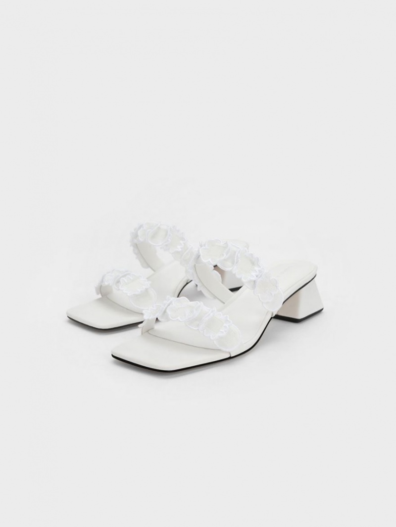 Charles & Keith Ruffled Baumwoll Absatz Mules Weiß | 670UQPSOX