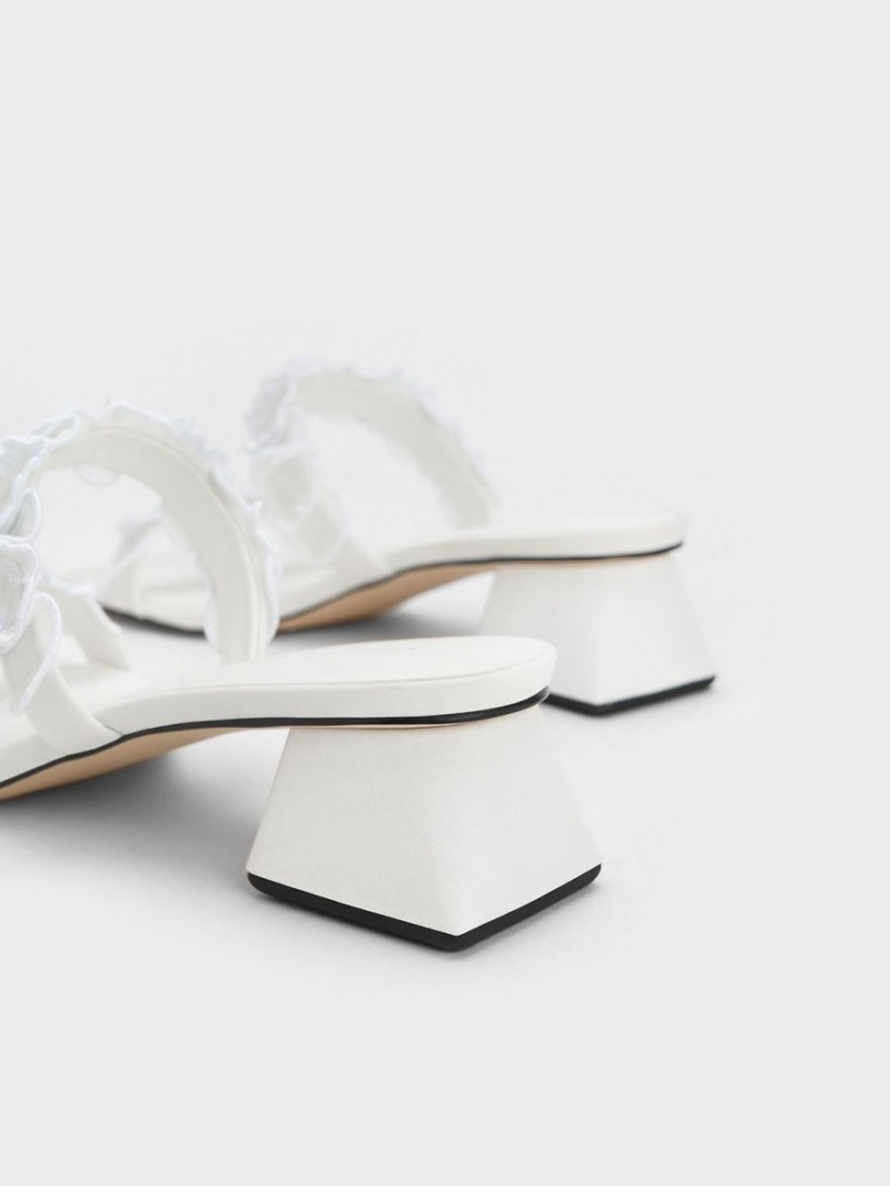 Charles & Keith Ruffled Baumwoll Absatz Mules Weiß | 670UQPSOX