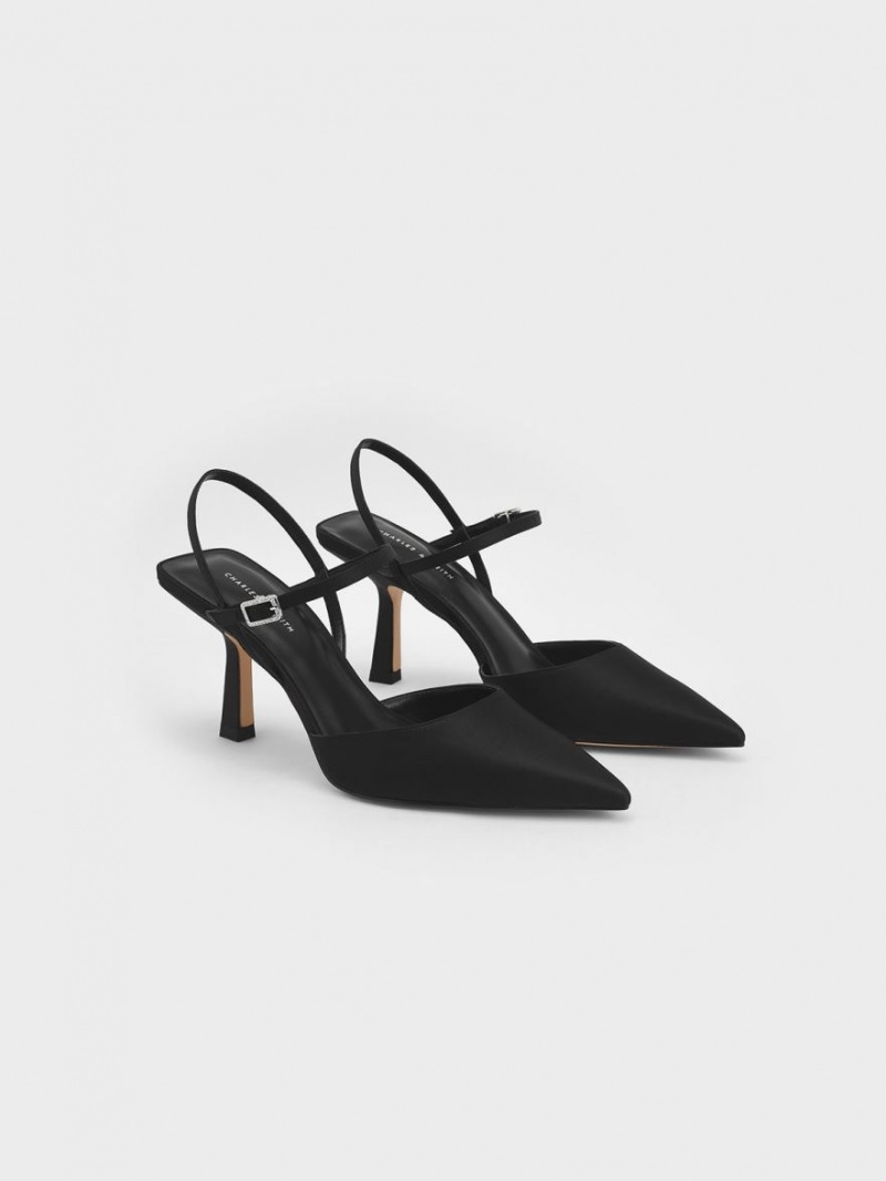 Charles & Keith Satin Ankle-Riemen Pumps Schwarz | 617KOISBL