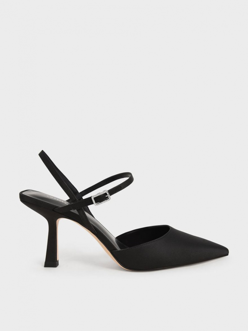 Charles & Keith Satin Ankle-Riemen Pumps Schwarz | 617KOISBL