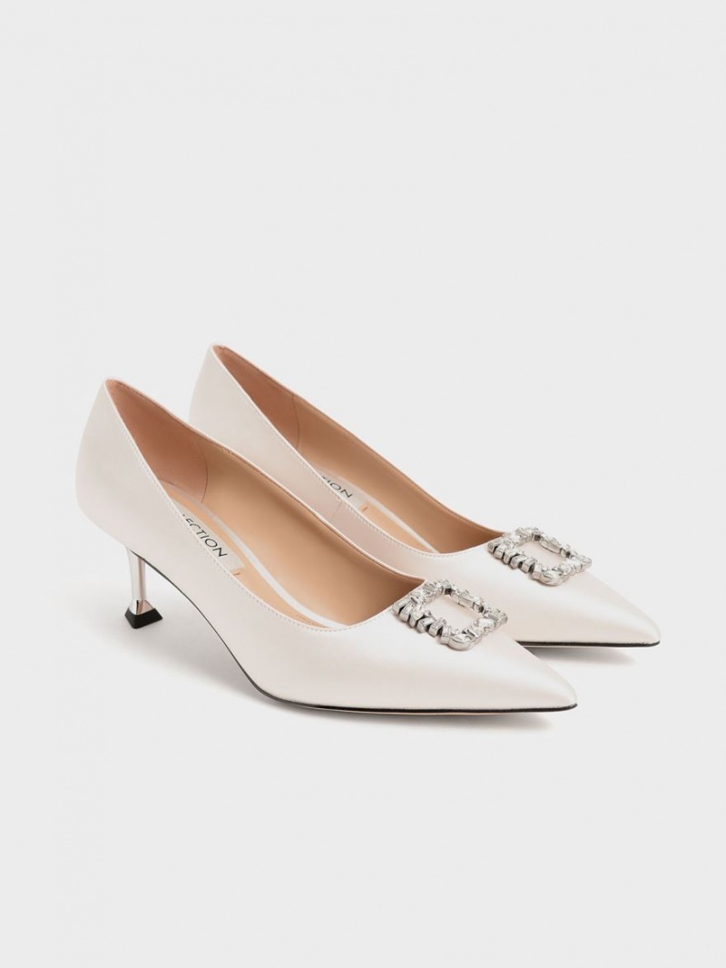 Charles & Keith Satin Gem-Embellished Kitten Heel Pumps Weiß | 264KVAMXB