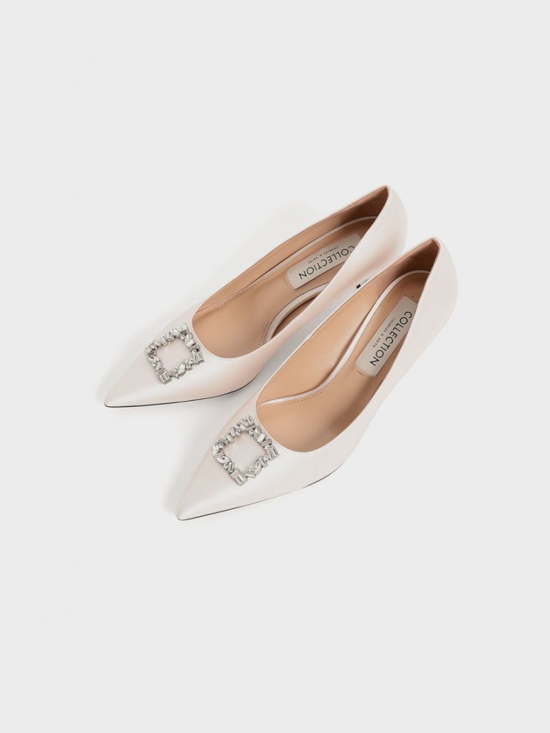 Charles & Keith Satin Gem-Embellished Kitten Heel Pumps Weiß | 264KVAMXB