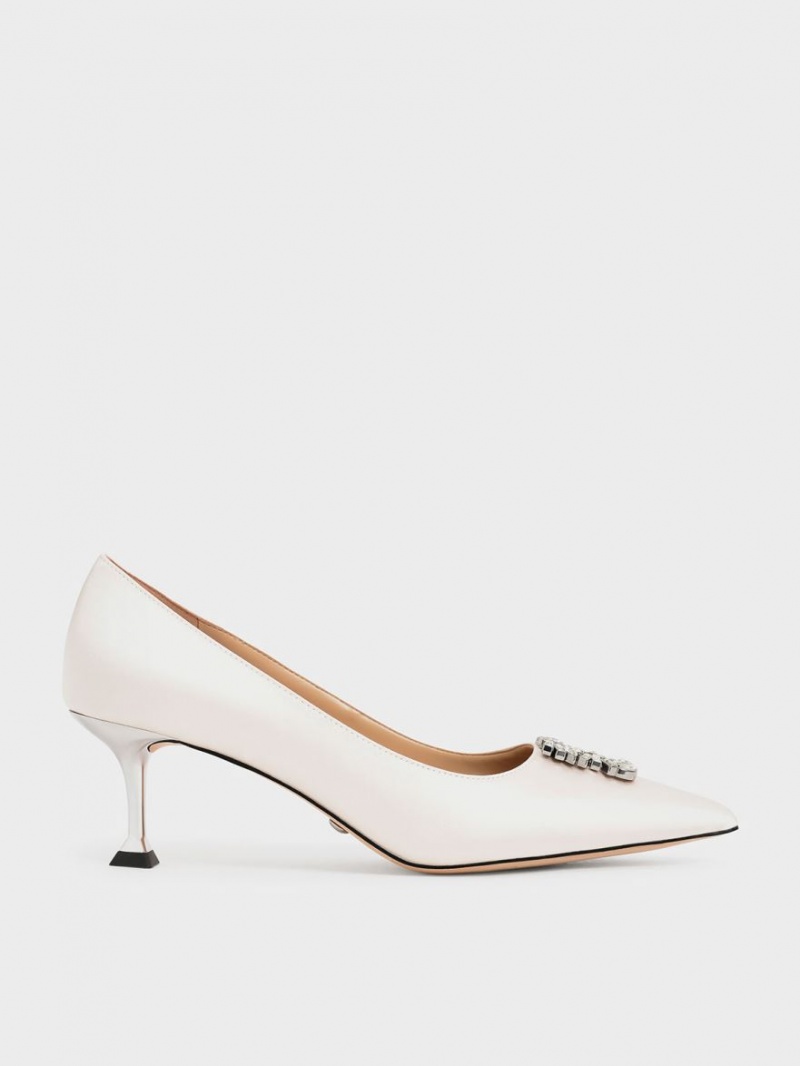 Charles & Keith Satin Gem-Embellished Kitten Heel Pumps Weiß | 264KVAMXB