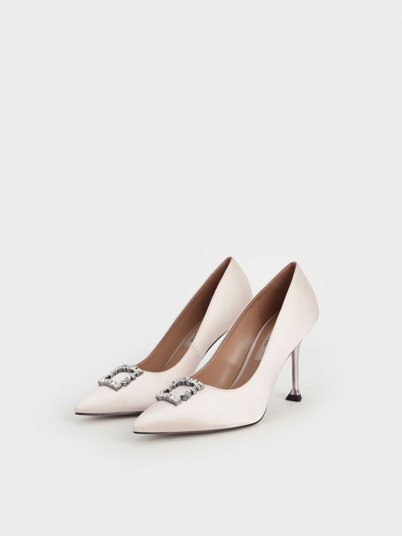 Charles & Keith Satin Gem-Embellished Pumps Weiß | 931IVUCQJ