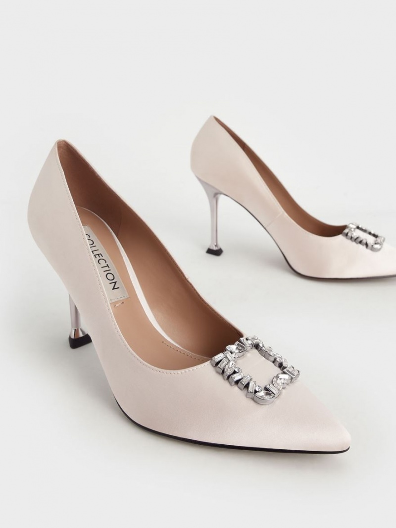 Charles & Keith Satin Gem-Embellished Pumps Weiß | 931IVUCQJ