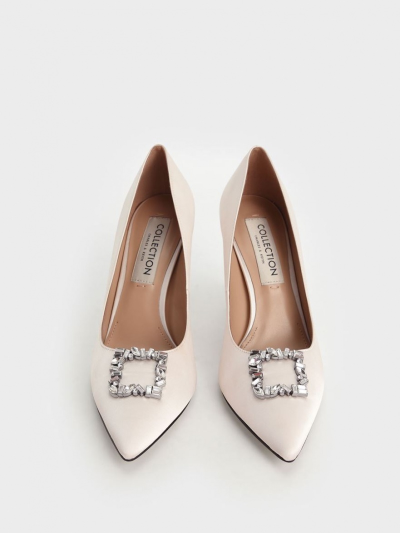 Charles & Keith Satin Gem-Embellished Pumps Weiß | 931IVUCQJ