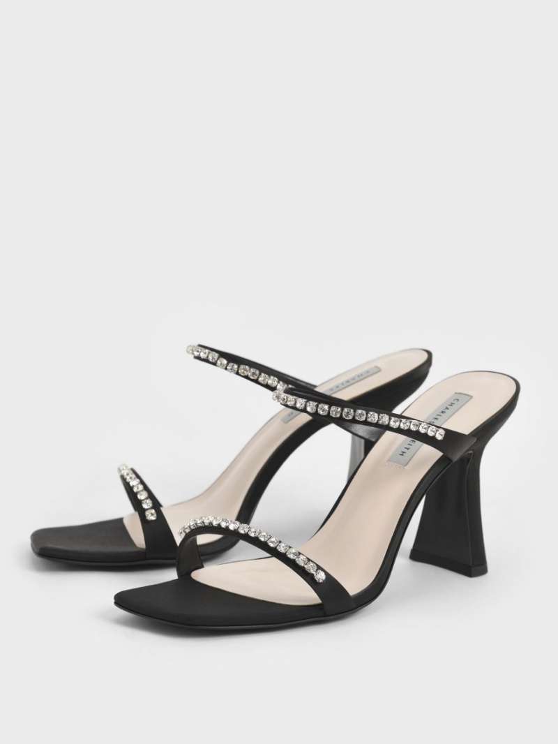 Charles & Keith Satin Gem-Encrusted Sandalen Absatz Schwarz | 057DPUTAV