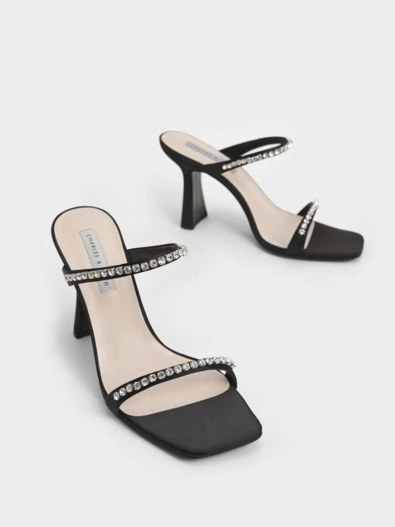 Charles & Keith Satin Gem-Encrusted Sandalen Absatz Schwarz | 057DPUTAV