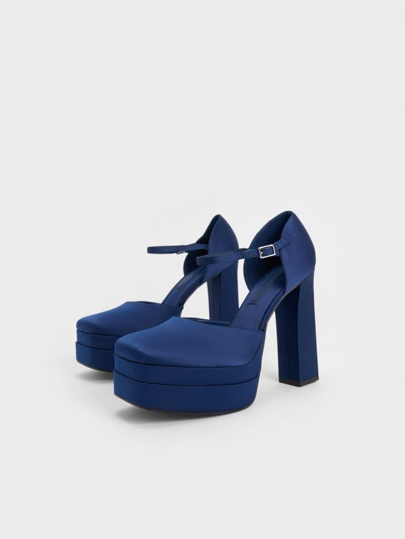 Charles & Keith Satin Plattform D'Orsay Pumps Dunkelblau | 921SFVOHX