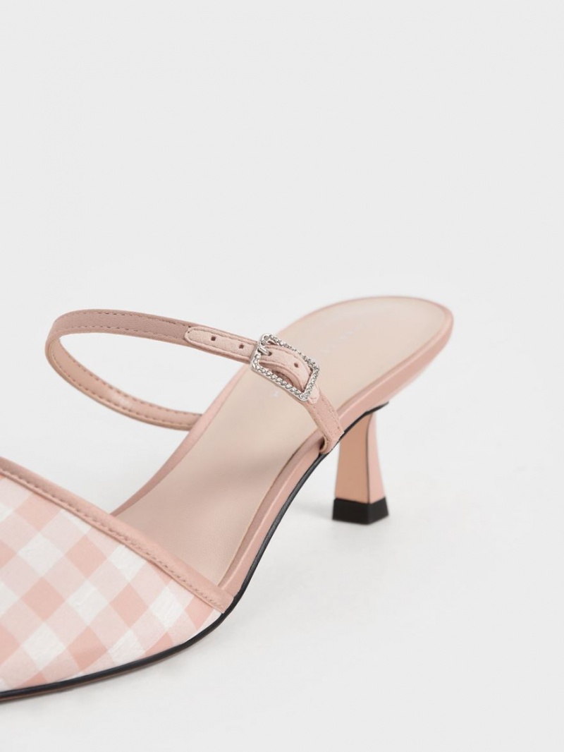 Charles & Keith Satin & Check-Print Embellished-Schnallen Mules Rosa | 901SGIKLX