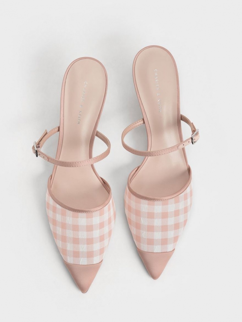 Charles & Keith Satin & Check-Print Embellished-Schnallen Mules Rosa | 901SGIKLX