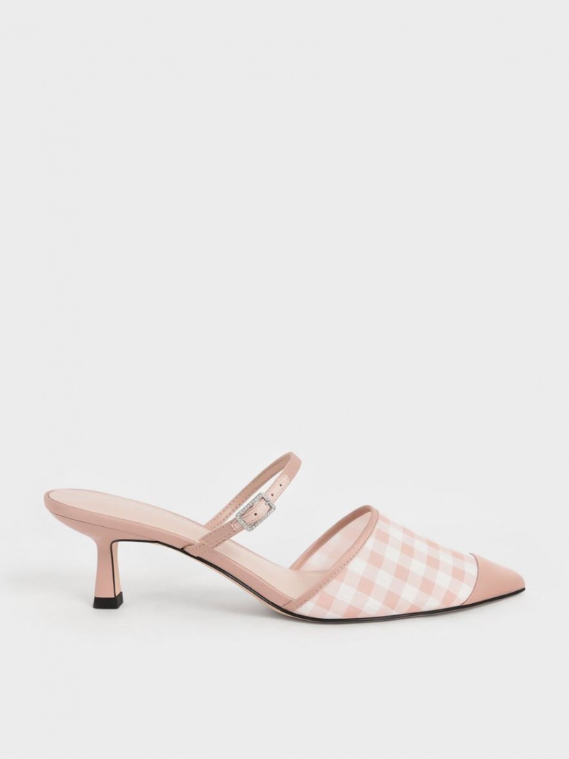 Charles & Keith Satin & Check-Print Embellished-Schnallen Mules Rosa | 901SGIKLX