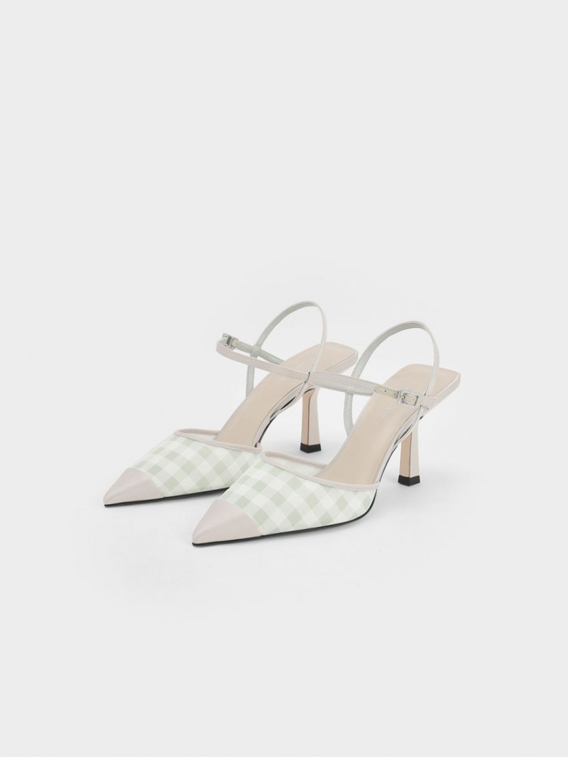 Charles & Keith Satin & Check-Print Fabric Ankle-Riemen Pumps Hellgrün | 630HEIQGY