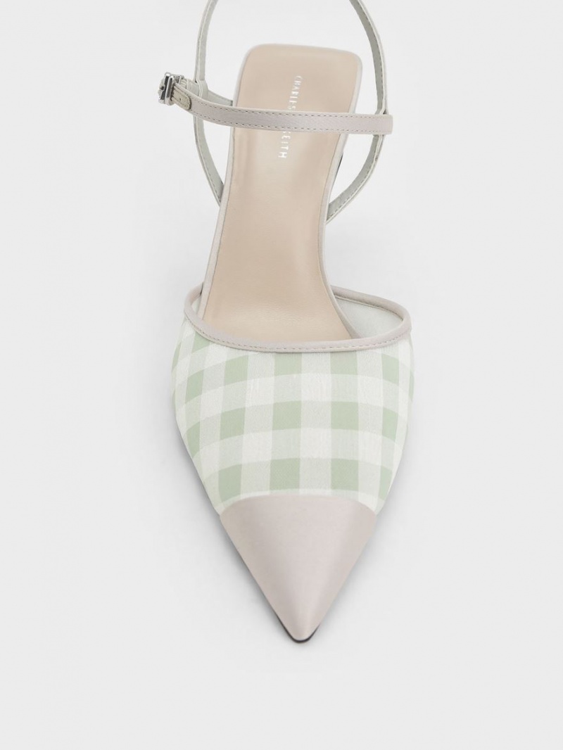 Charles & Keith Satin & Check-Print Fabric Ankle-Riemen Pumps Hellgrün | 630HEIQGY