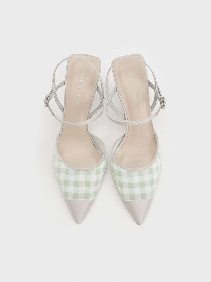 Charles & Keith Satin & Check-Print Fabric Ankle-Riemen Pumps Hellgrün | 630HEIQGY