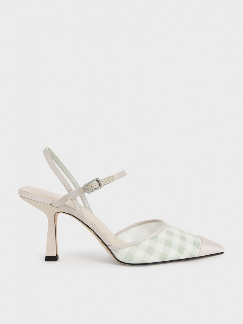 Charles & Keith Satin & Check-Print Fabric Ankle-Riemen Pumps Hellgrün | 630HEIQGY