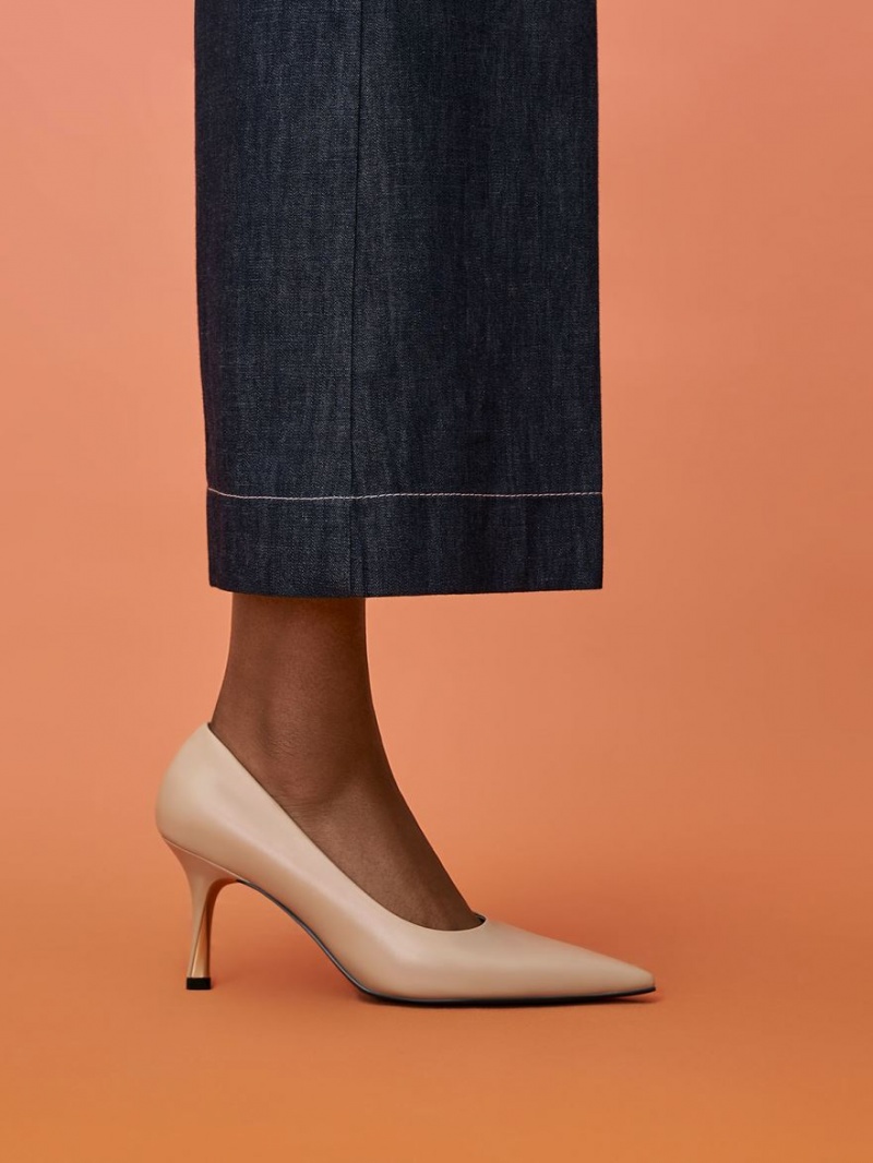 Charles & Keith Sculptural Heel Pointed-Kappe Pumps Beige | 310TUKRXS