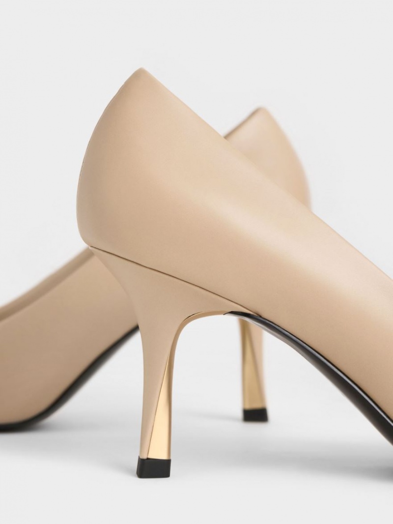 Charles & Keith Sculptural Heel Pointed-Kappe Pumps Beige | 310TUKRXS