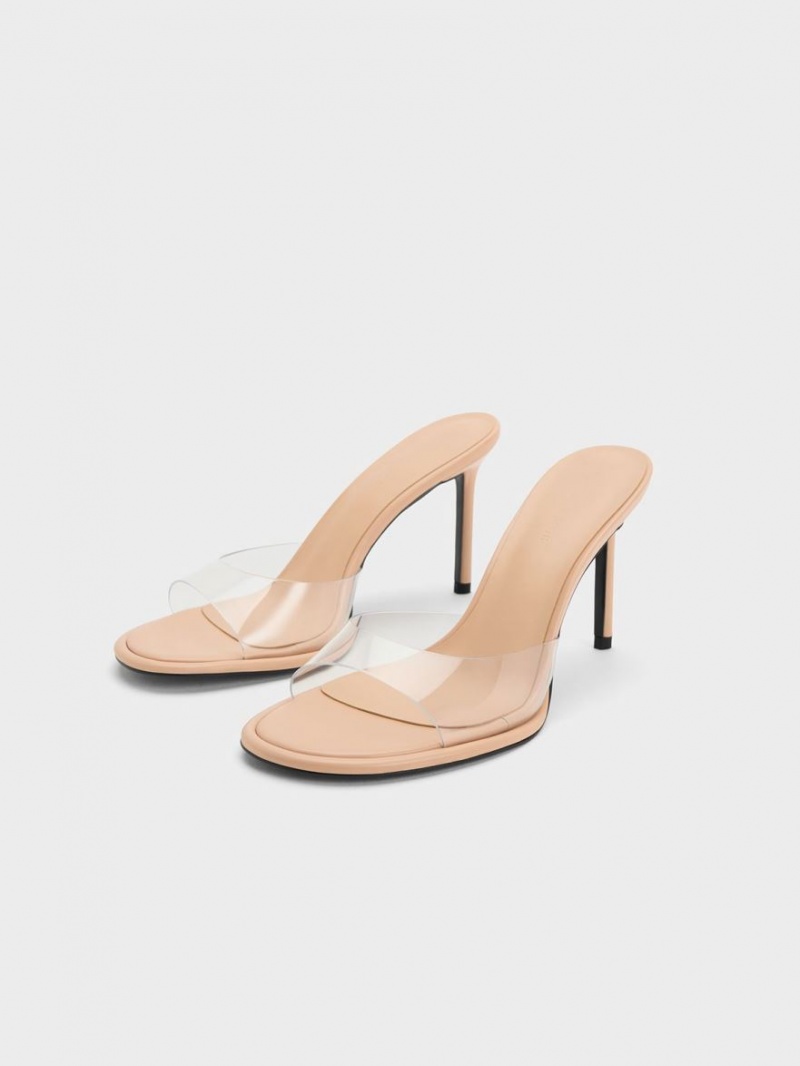 Charles & Keith See-Through Cylindrical Heel Mules Beige | 782MDYXRN