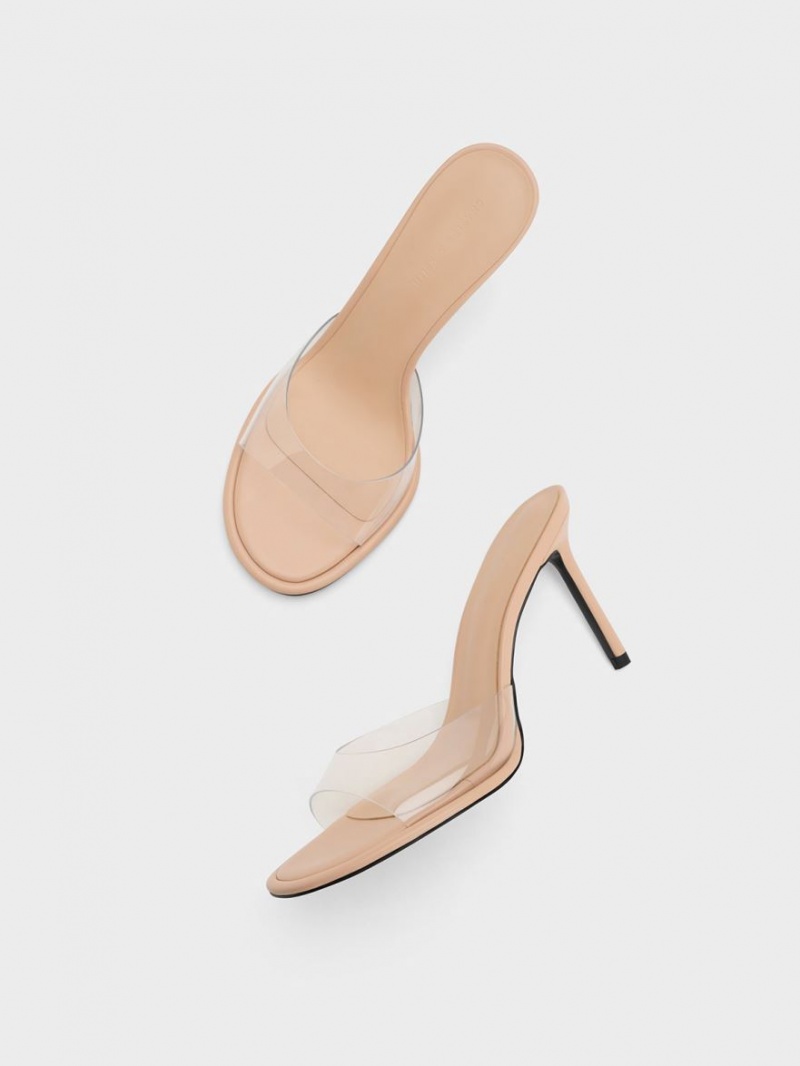 Charles & Keith See-Through Cylindrical Heel Mules Beige | 782MDYXRN