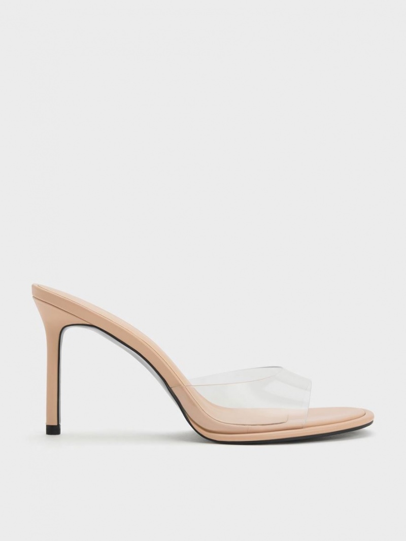 Charles & Keith See-Through Cylindrical Heel Mules Beige | 782MDYXRN