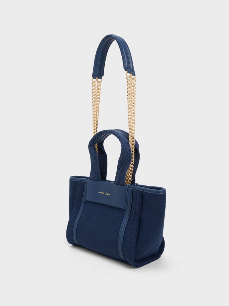 Charles & Keith Shalia Textured Chain-Handle Tragetaschen Navy | 367PEKQWY