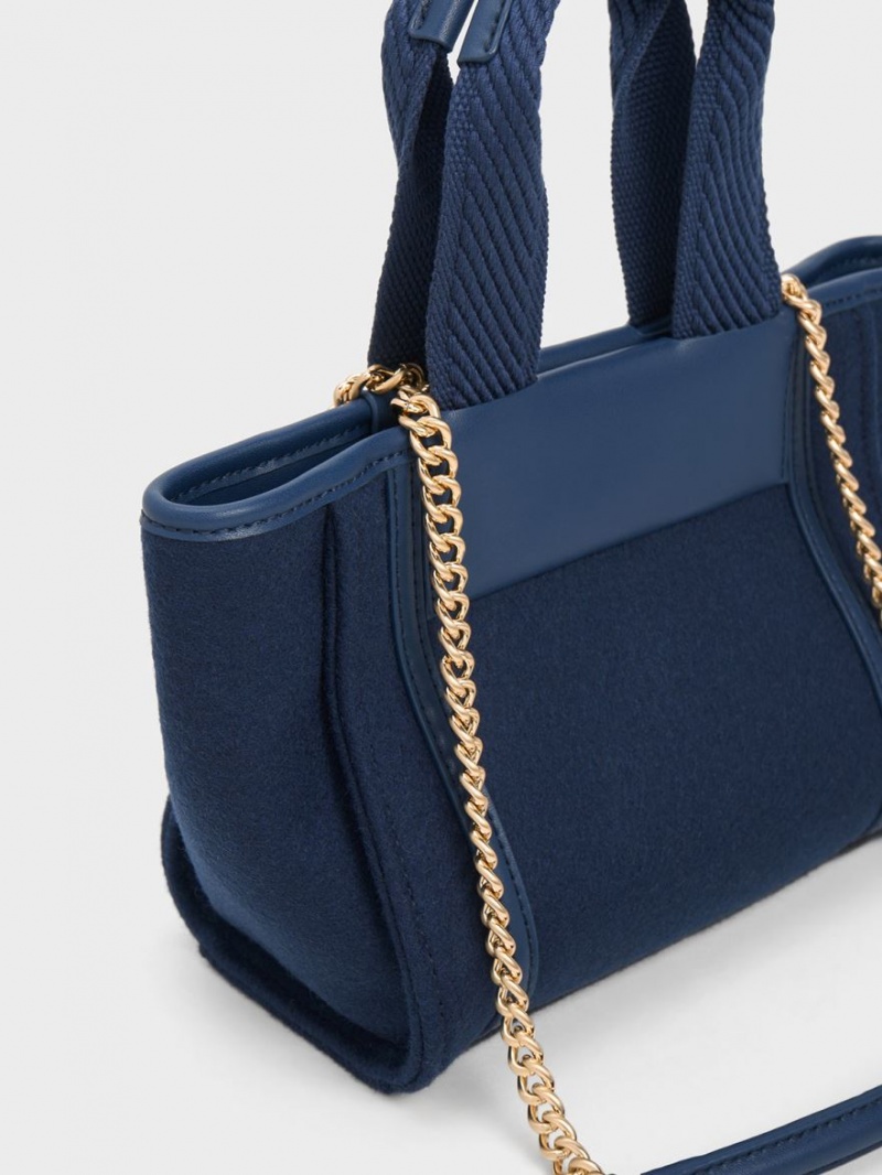 Charles & Keith Shalia Textured Chain-Handle Tragetaschen Navy | 367PEKQWY