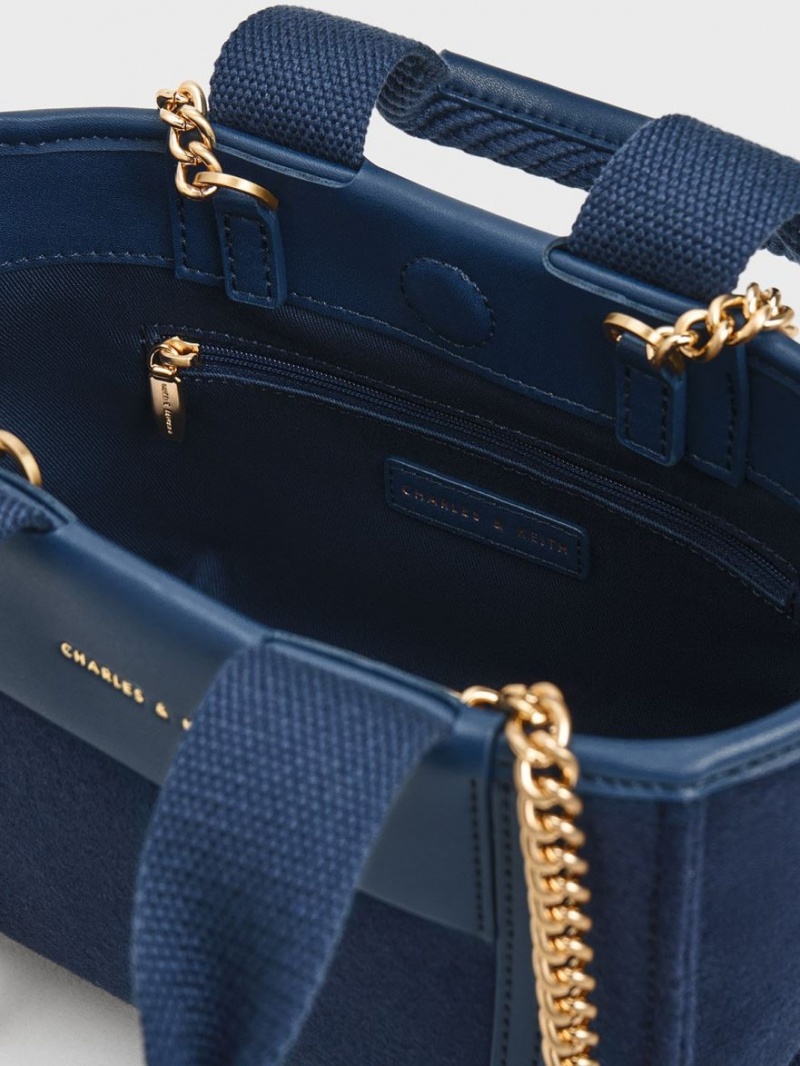 Charles & Keith Shalia Textured Chain-Handle Tragetaschen Navy | 367PEKQWY