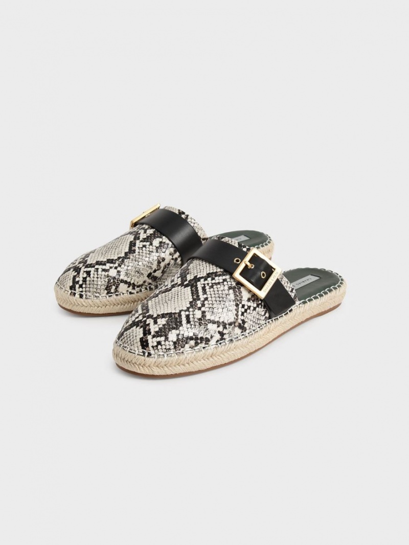 Charles & Keith Snake-Print Buckled Espadrilles Mules Beige | 683UPJZDR