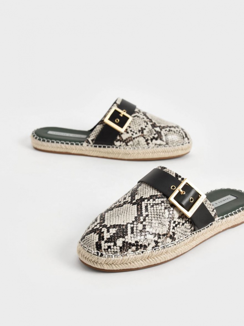 Charles & Keith Snake-Print Buckled Espadrilles Mules Beige | 683UPJZDR