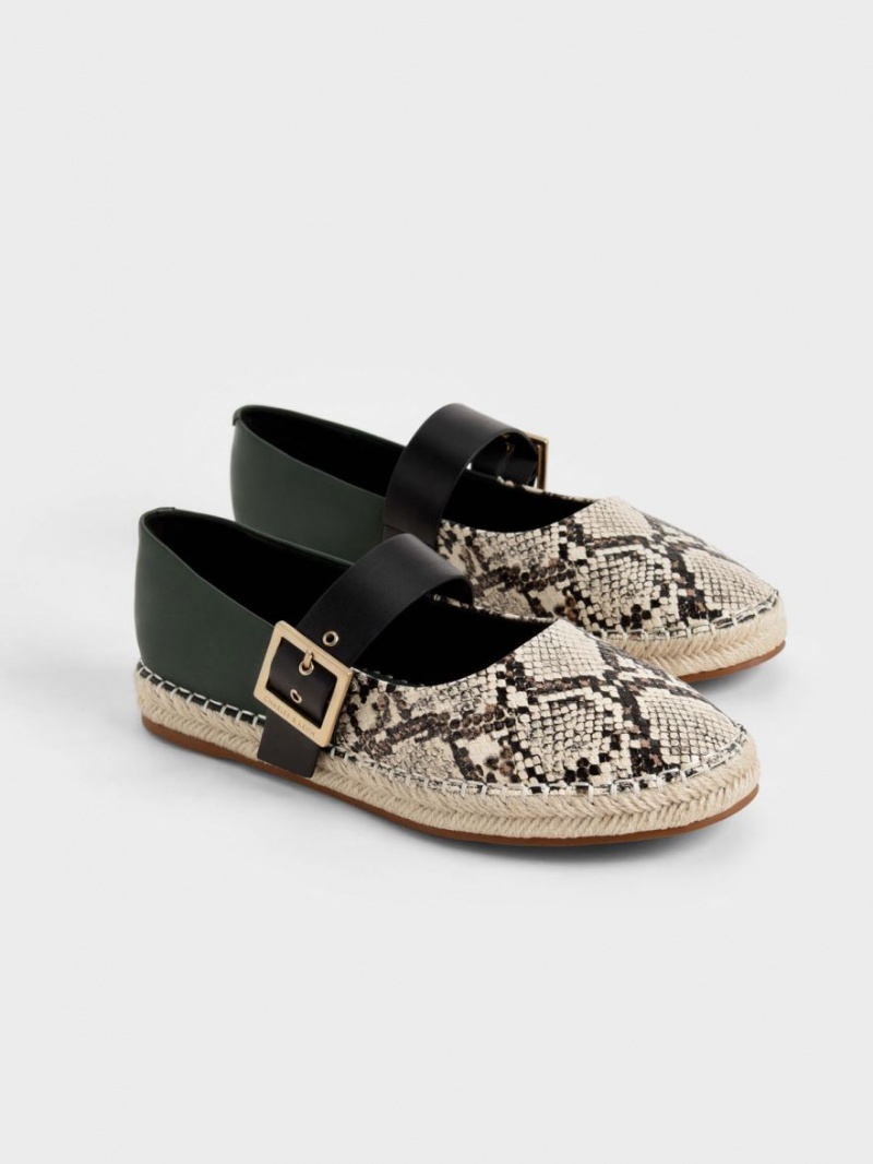 Charles & Keith Snake-Print Buckled Espadrilles Flache Schuhe Beige | 458GPXNDF