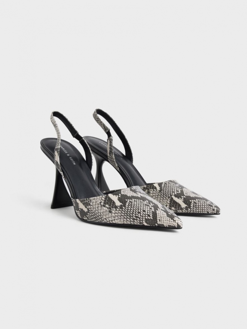 Charles & Keith Snake-Print Slingback Pumps Beige | 781AJKGLO