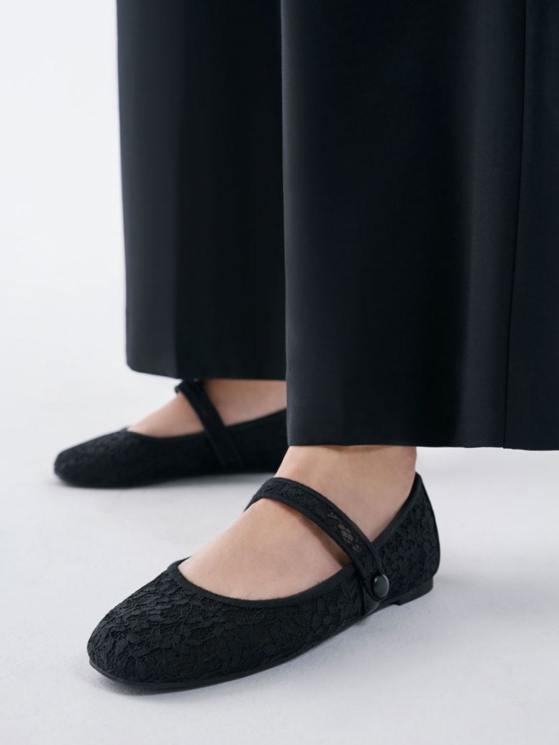 Charles & Keith Spitze & Mesh Mary Jane Ballerinas Schwarz | 917JYTXIP