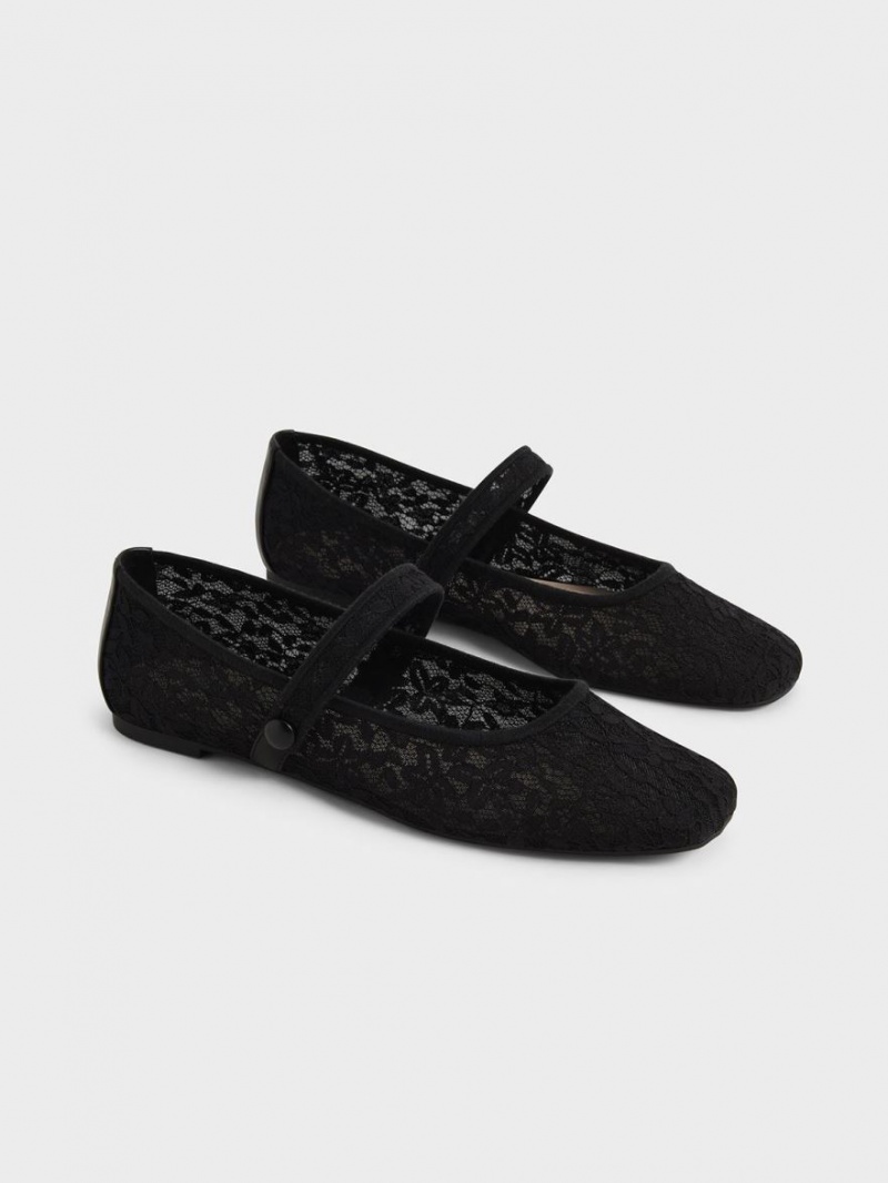 Charles & Keith Spitze & Mesh Mary Jane Ballerinas Schwarz | 917JYTXIP