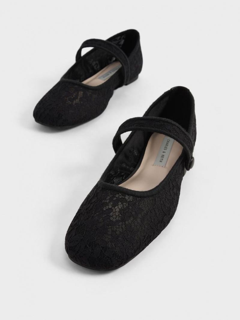 Charles & Keith Spitze & Mesh Mary Jane Ballerinas Schwarz | 917JYTXIP