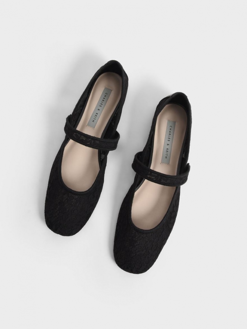 Charles & Keith Spitze & Mesh Mary Jane Ballerinas Schwarz | 917JYTXIP