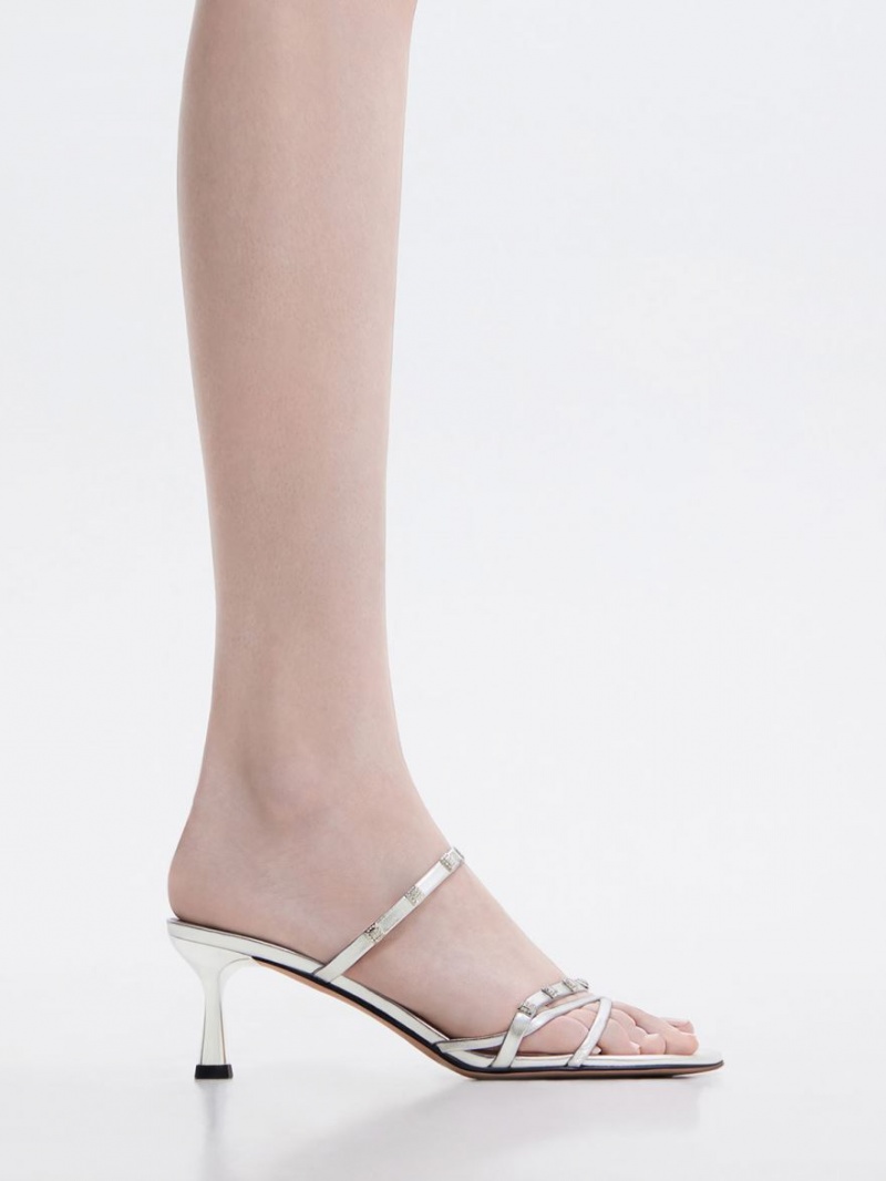 Charles & Keith Square Crystal-Embellished Metallic Leder Absatz Mules Silber | 712NQDKOG