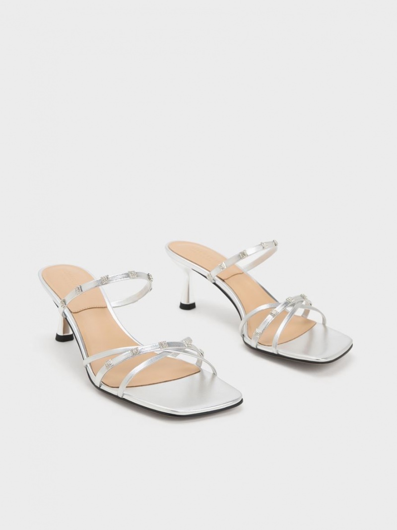 Charles & Keith Square Crystal-Embellished Metallic Leder Absatz Mules Silber | 712NQDKOG