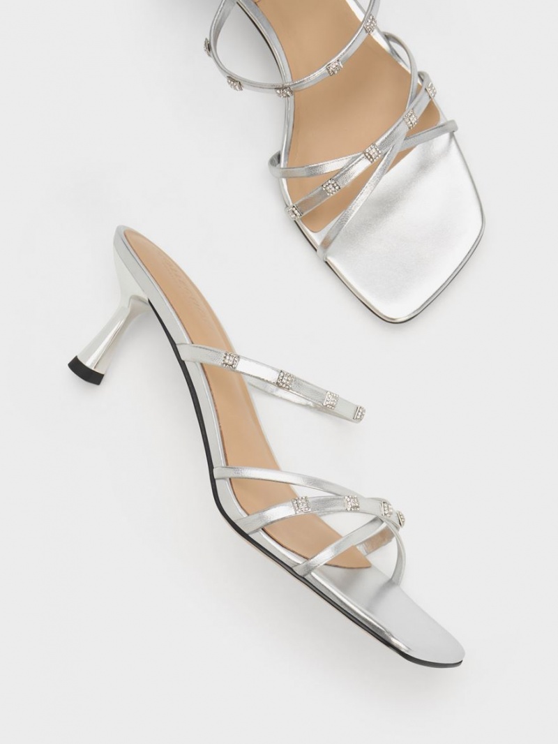 Charles & Keith Square Crystal-Embellished Metallic Leder Absatz Mules Silber | 712NQDKOG