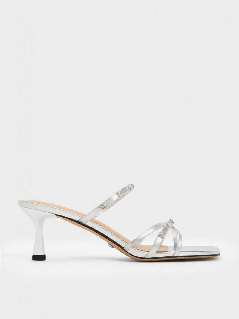 Charles & Keith Square Crystal-Embellished Metallic Leder Absatz Mules Silber | 712NQDKOG