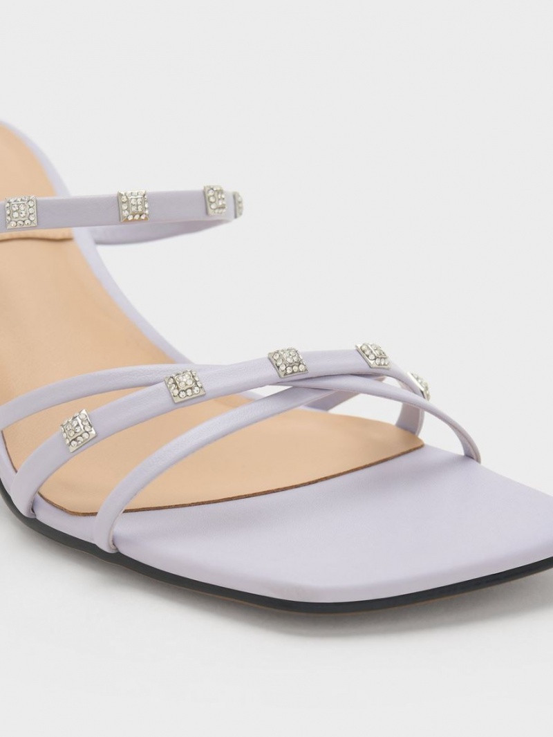 Charles & Keith Square Crystal-Embellished Metallic Leder Absatz Mules Lila | 230HFEOUV