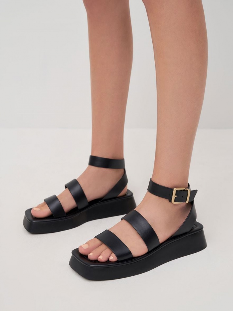 Charles & Keith Square Kappe Ankle Riemchensandalen Schwarz | 158UZBLAT