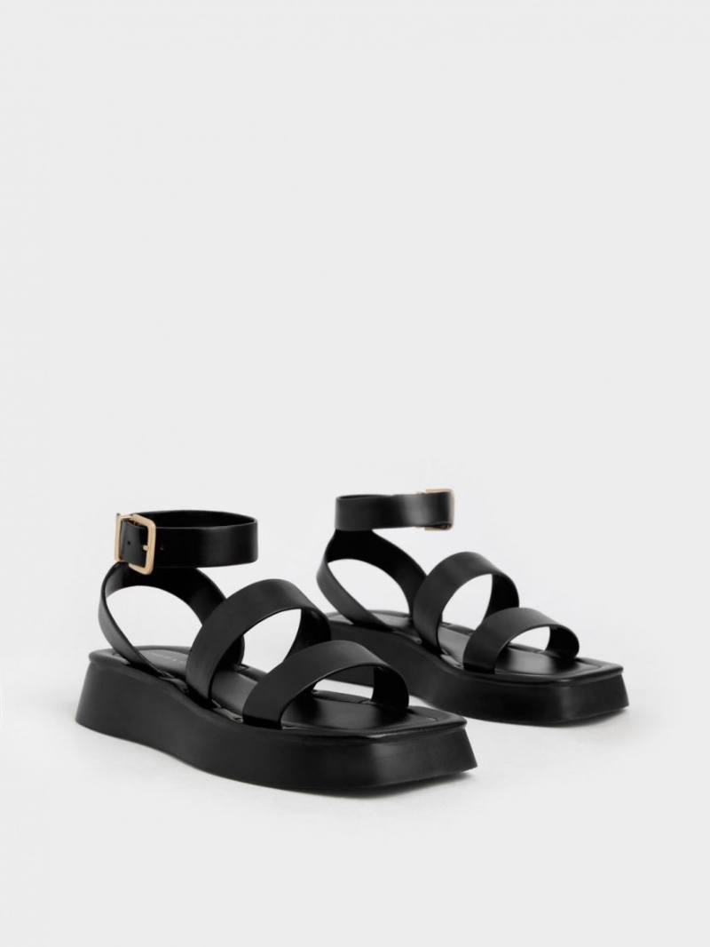 Charles & Keith Square Kappe Ankle Riemchensandalen Schwarz | 158UZBLAT