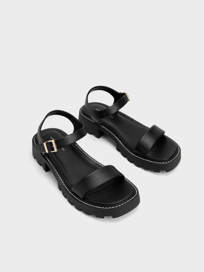 Charles & Keith Stitch-Trim Buckled Plateausandalen Schwarz | 653AVBTZH