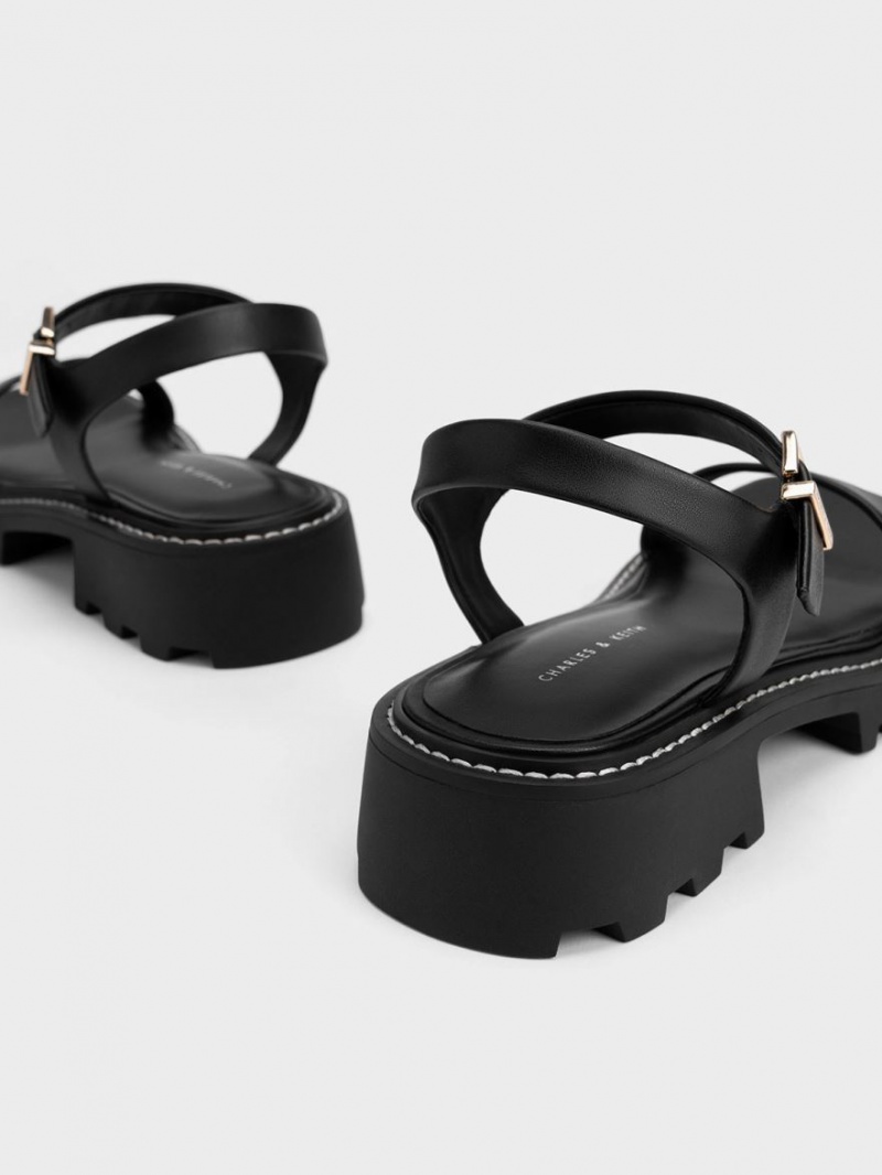 Charles & Keith Stitch-Trim Buckled Plateausandalen Schwarz | 653AVBTZH