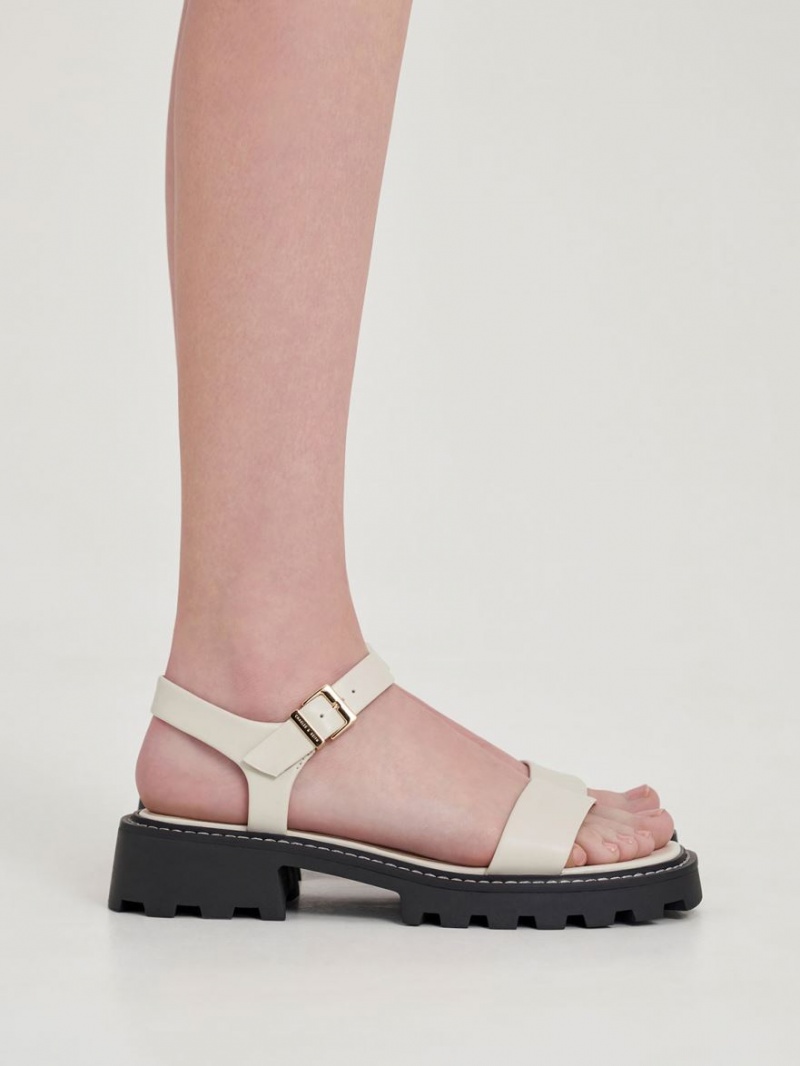 Charles & Keith Stitch-Trim Buckled Plateausandalen Weiß | 127MNSIHQ